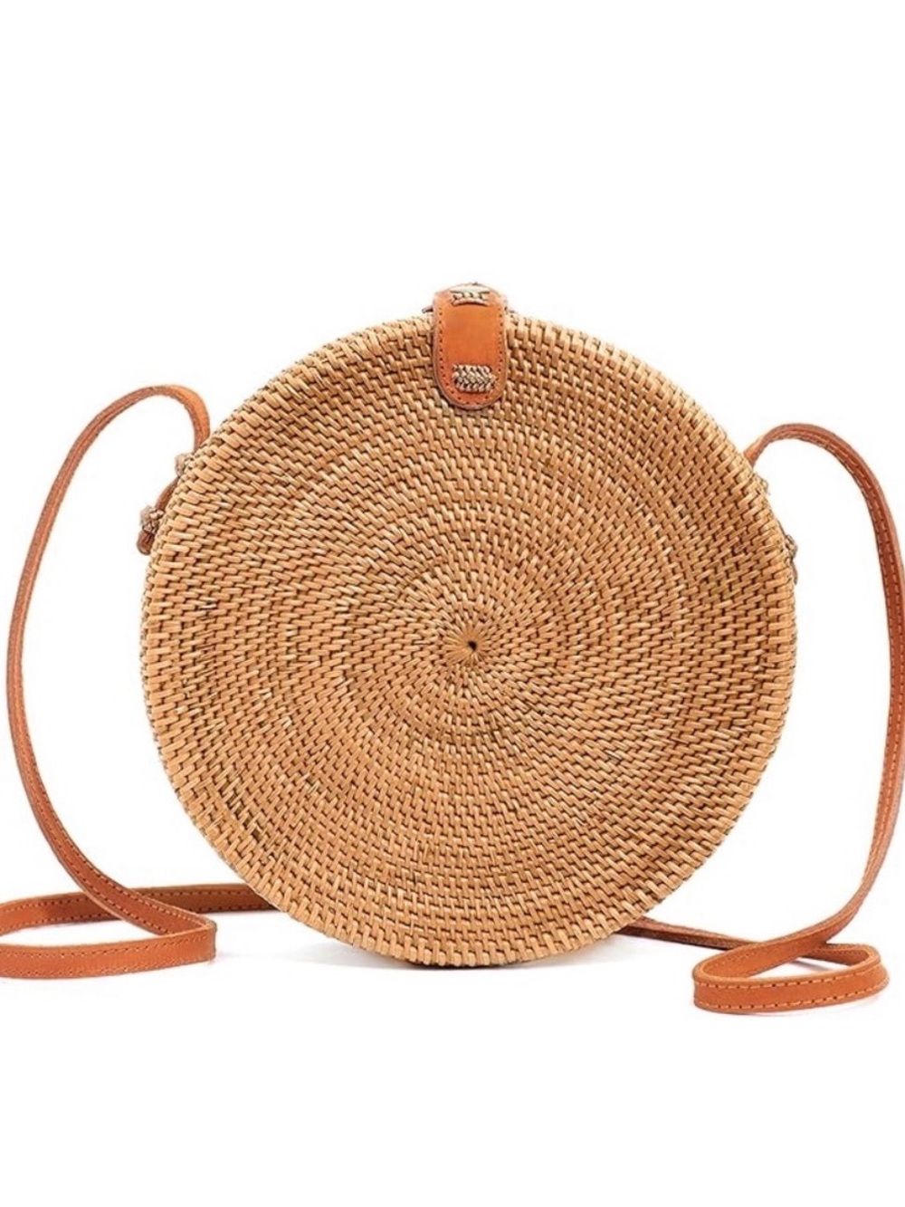 Handwoven Round Rattan Wicker Crossbody Bag 8” with leather strap - Picture 1 of 7